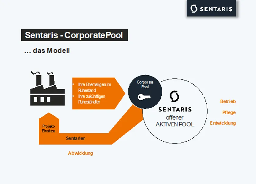 Schaubild zum Sentaris-CorporatePool: Ehemalige im Ruhestand gelangen über einen Pool als Sentarier zurück in Projekteinsätze