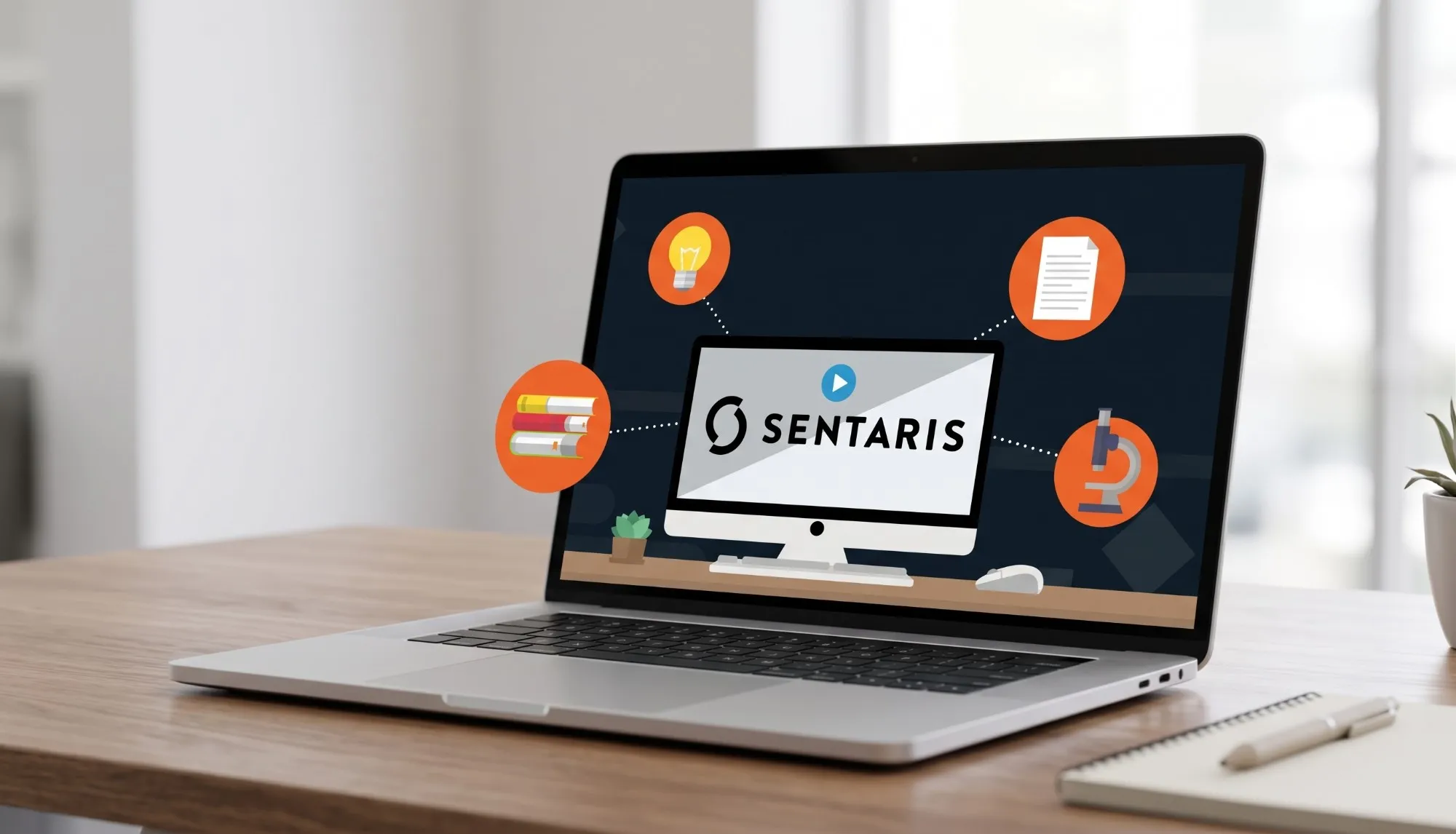 Laptop auf dem Schreibtisch zeigt das Startbild des Sentaris-Erklärvideos mit Logo, Play-Taste und Symbolen zum Wissenstransfer