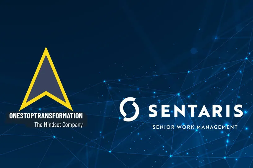 Logos von ONESTOPTRANSFORMATION und Sentaris auf dunkelblauem Netzwerkhintergrund – Kooperation für Wissenstransfer