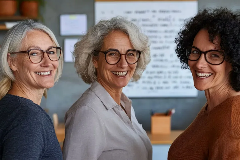 Drei lächelnde Frauen mit Brille vor einem Whiteboard im Büro – QM-Aufbau durch eine Expertin im Ruhestand mit Sentaris