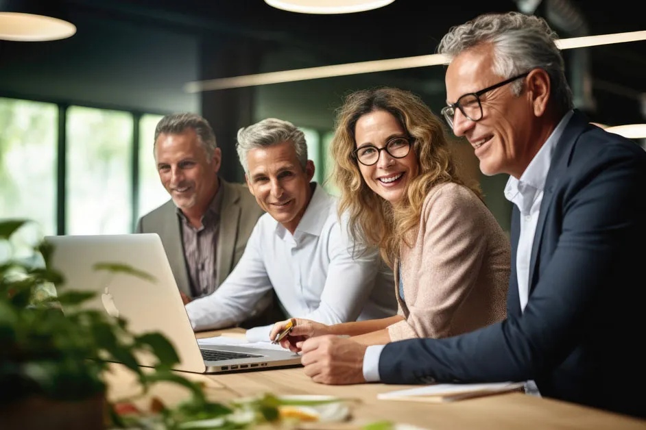 Drei grauhaarige Männer und eine Frau lächelnd am Laptop – Sentaris vermittelt eine Fachkraft im Ruhestand für den Einkauf